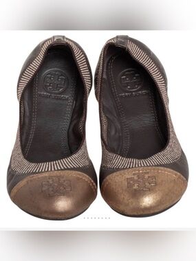 Tory Burch Bronze Metallic Cap-Toe Brown Ballet Flats